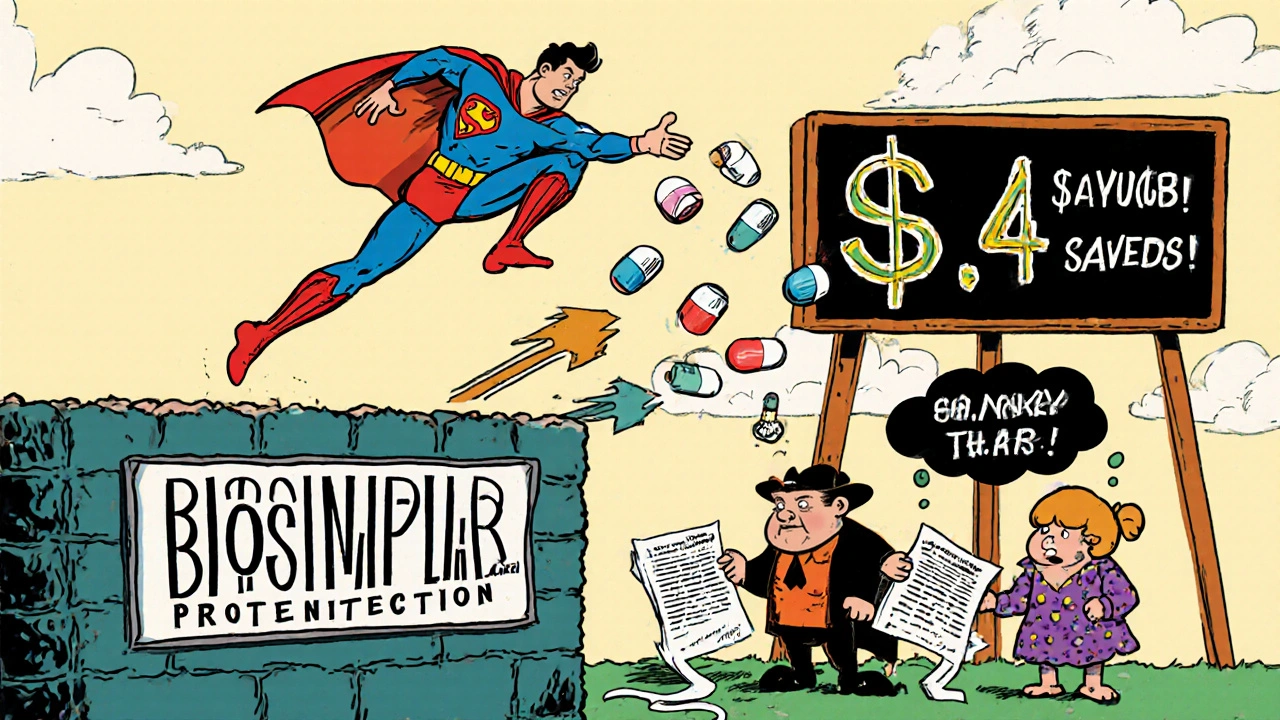 Biosimilar Man defeats patent barriers with savings arrows flying.