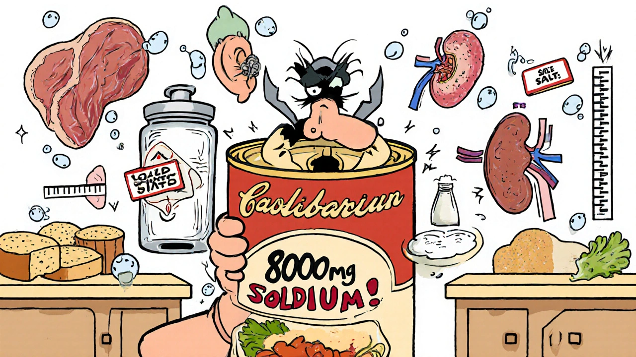 Cartoon person holding a salty soup can with giant salt shaker villain in kitchen scene.