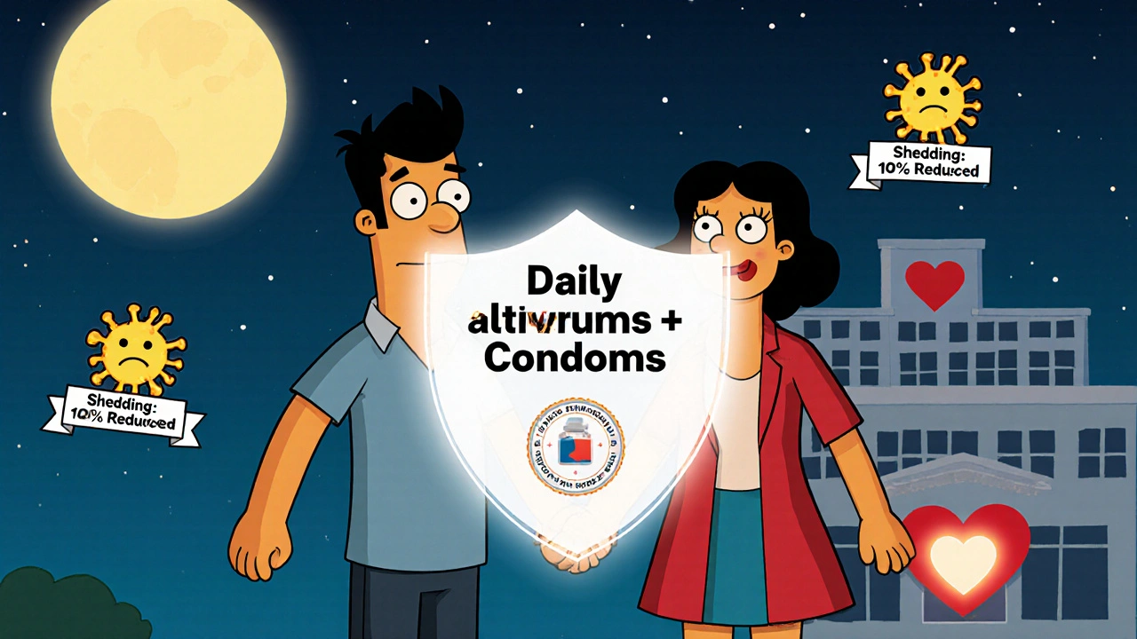 Couple holding hands with protective shield, viruses reduced by antivirals and condoms.