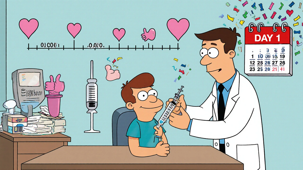 Doctor slowly giving tiny insulin dose during desensitization in cartoon style