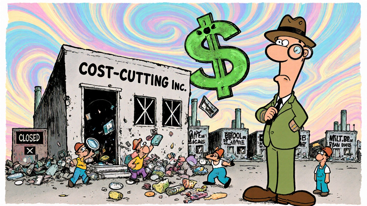 FDA inspector watching a crumbling drug plant as workers discard expired supplies in 1960s cartoon style.