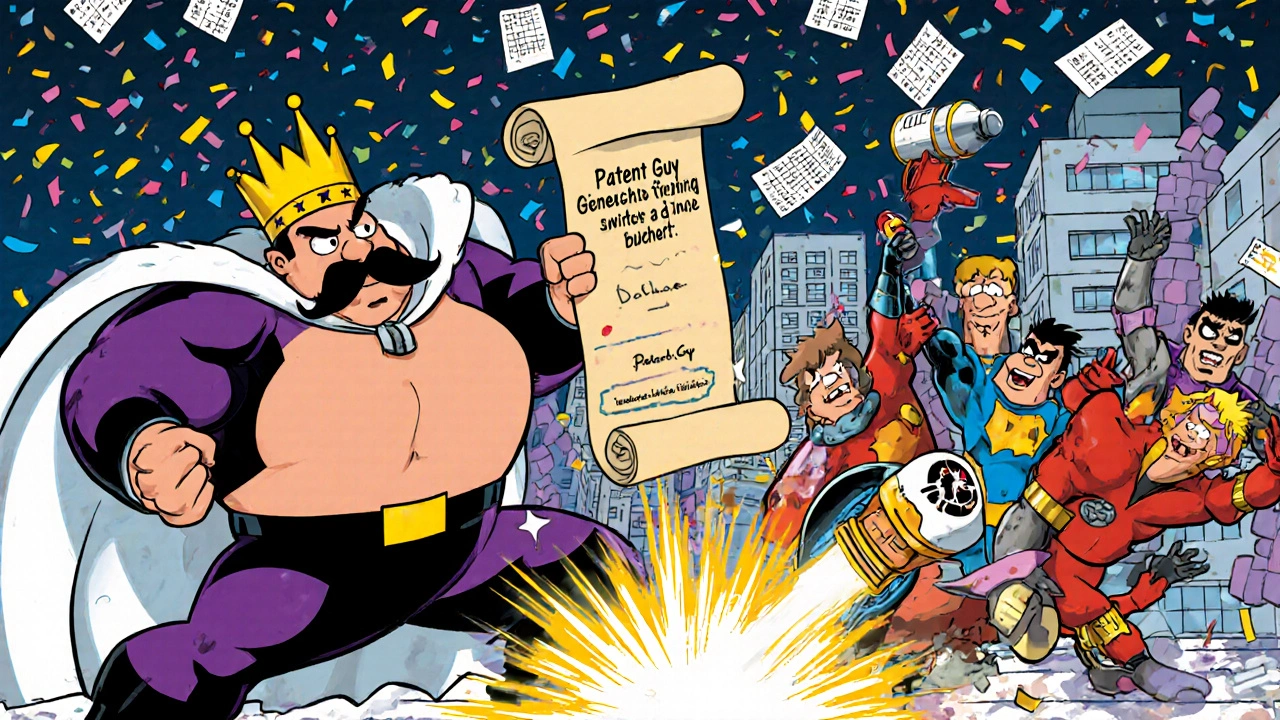 Generic superheroes defeating a Patent King with price-drop missiles in a cartoon battle.