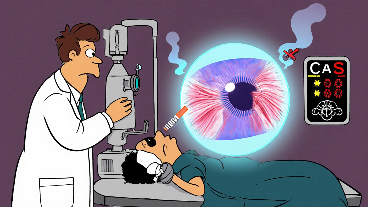 Patient in eye exam with giant OCT machine showing inflamed eye muscles, smoking cigarette with X
