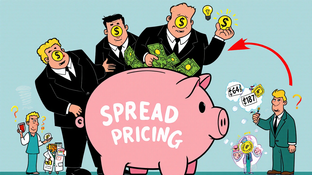 PBMs stuffing money into a piggy bank while patients hold pills with wildly different prices.