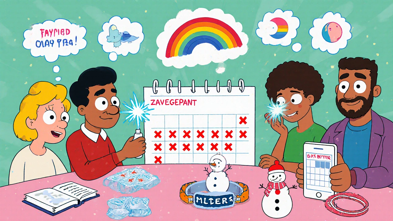 People use diaries, ice packs, and nasal spray to manage migraines in a cheerful cartoon group setting.