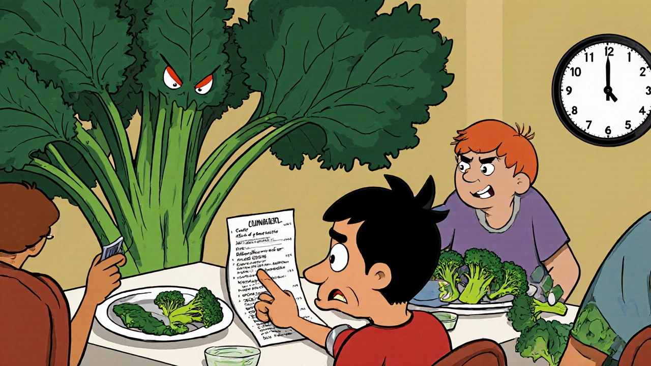 Person at restaurant nervous about kale, contrasted with calm daily broccoli routine