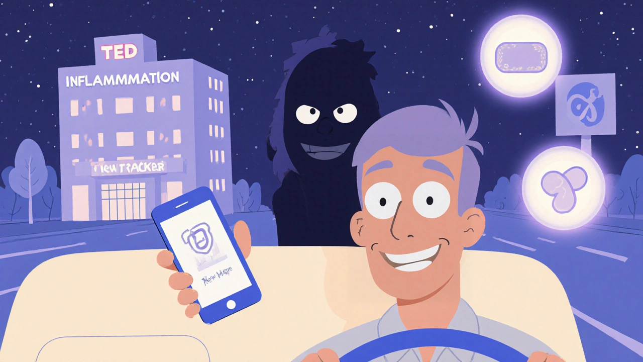 Person driving at night with normal eyes, TED monster fading behind, selenium and app icons floating