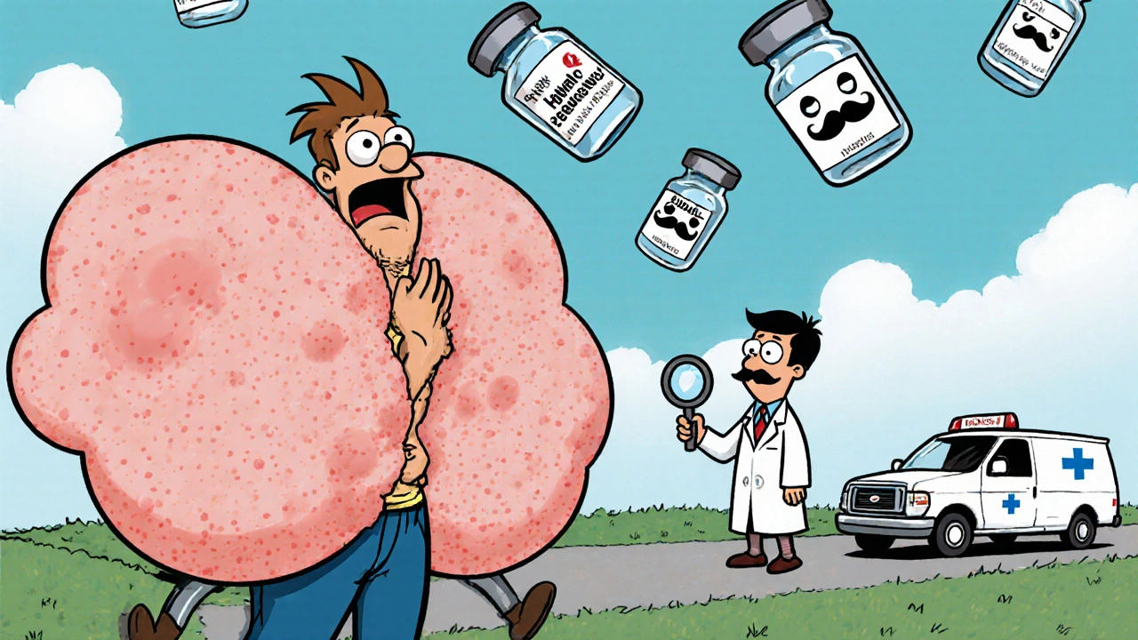 Person having allergic reaction with giant hives and insulin vials as villains