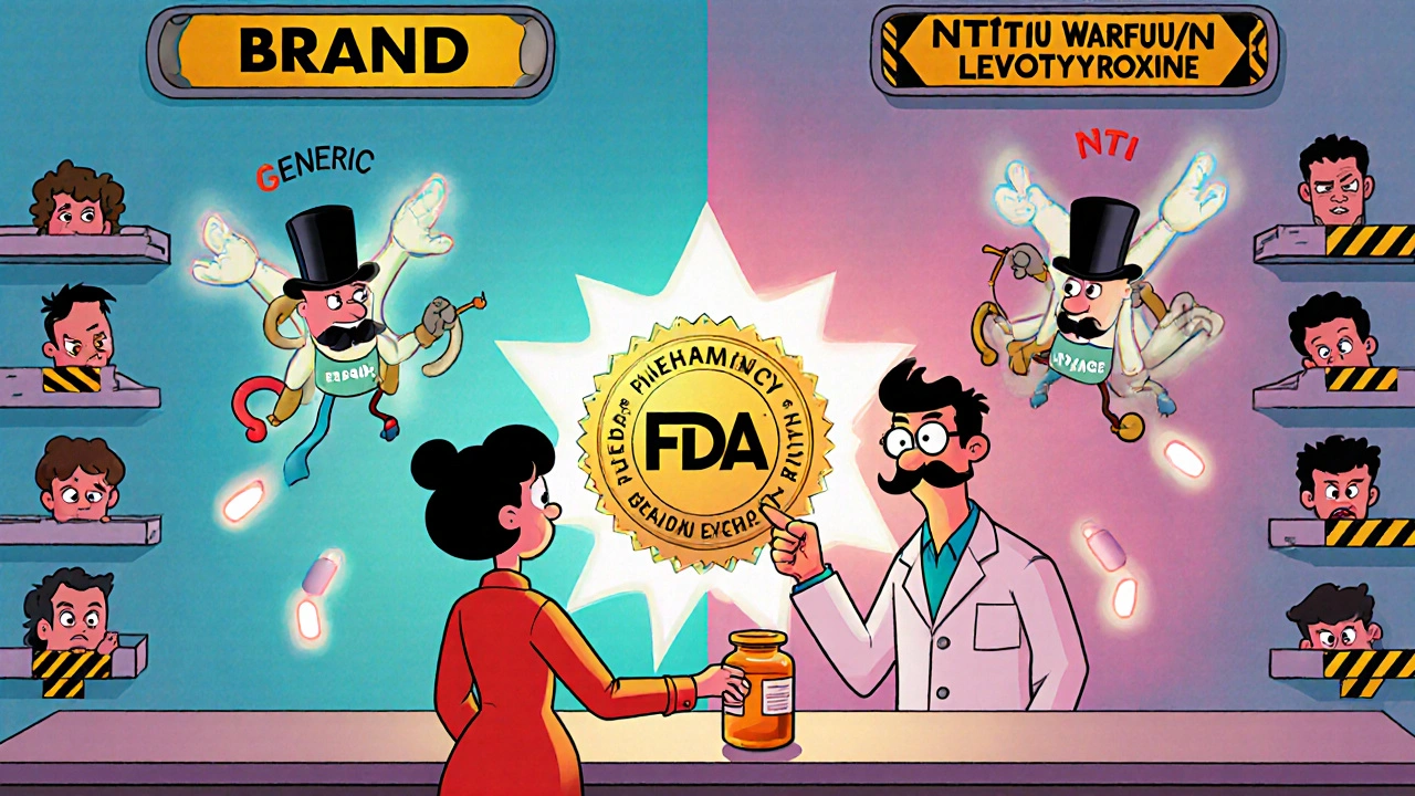 Pharmacist handing a pill bottle with FDA seal glowing, two chemical molecules dancing