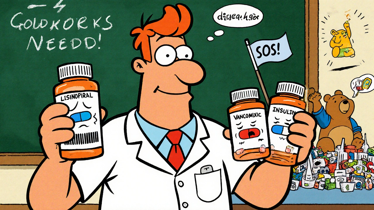 Pharmacist holding three distressed pill bottles with a Goldilocks-themed supply chart in vintage cartoon style.
