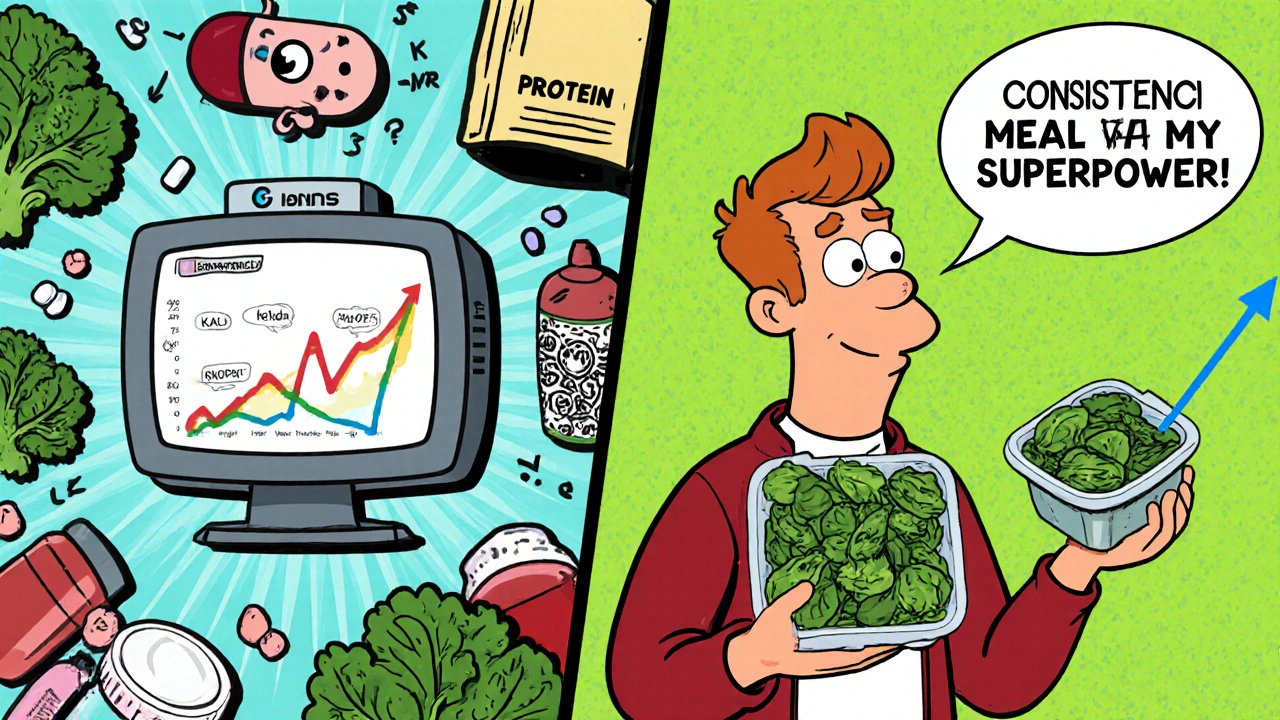 Split image: chaotic INR fluctuations vs. steady meal prep with spinach portions