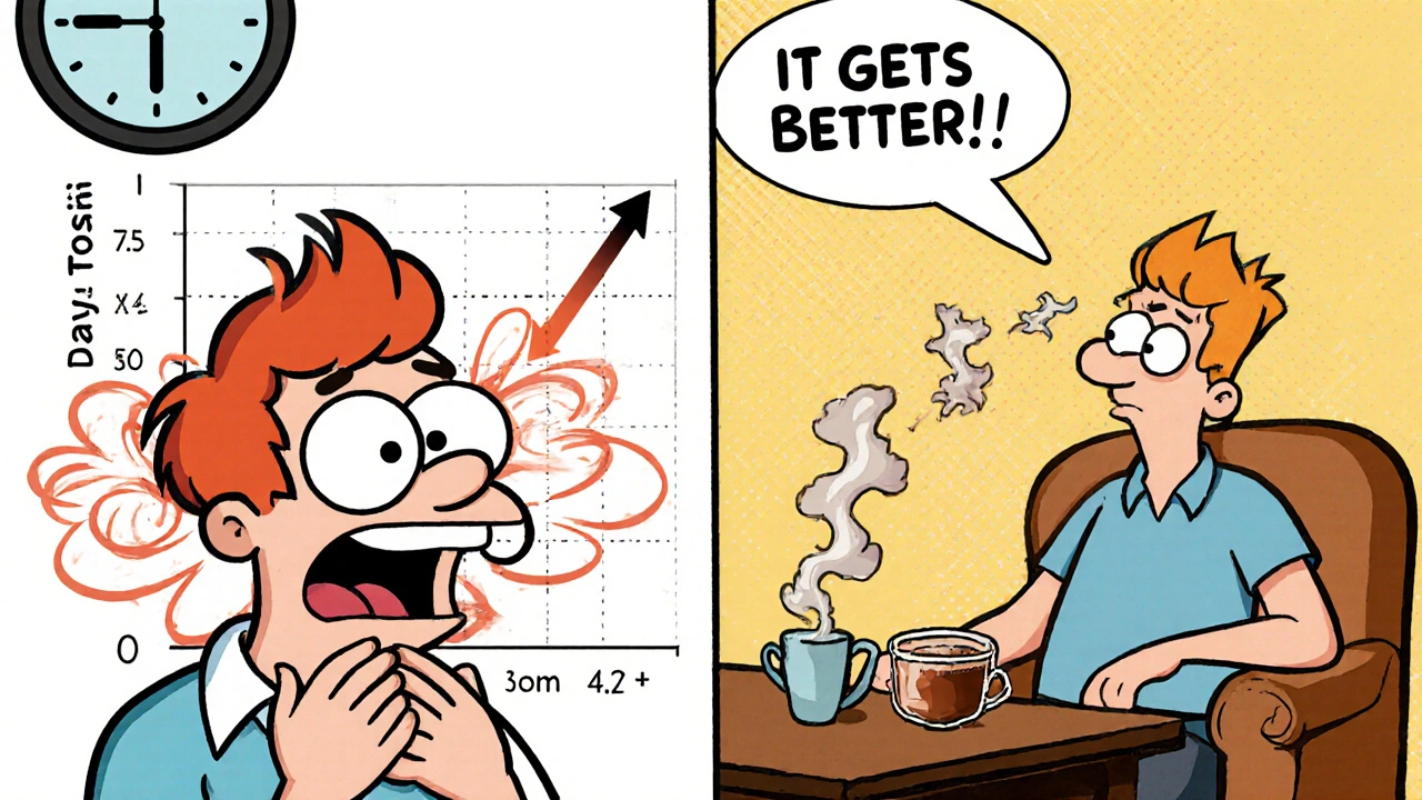 Split-panel cartoon showing a patient’s side effects improving from day 1 to day 28 with a falling graph and cheerful expressions.
