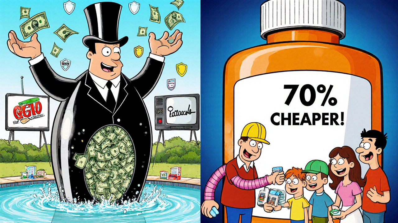 Split scene: extravagant brand-name drug executive vs. humble generic pharmacist helping families.