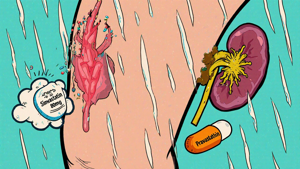 Statins raining down on a leg, one causing a muscle to explode while another is safe, with a clogged kidney nearby.