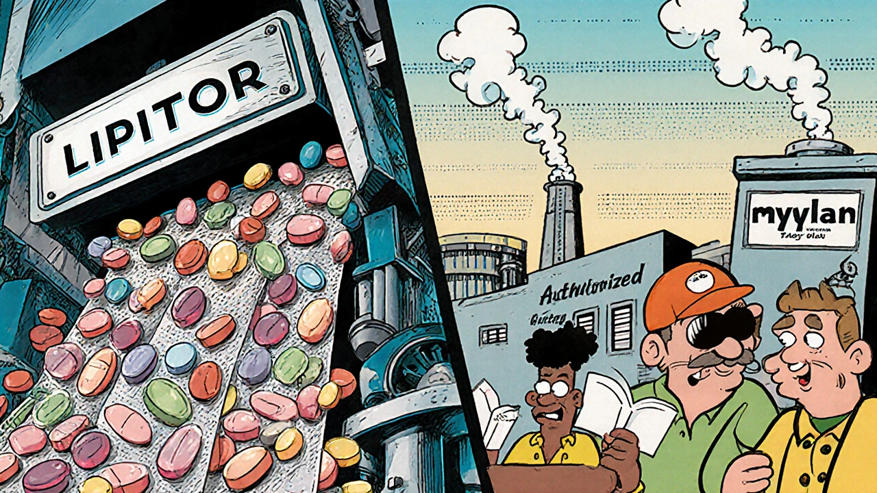 Two factories making generics: one identical to brand, another with different colored pills.