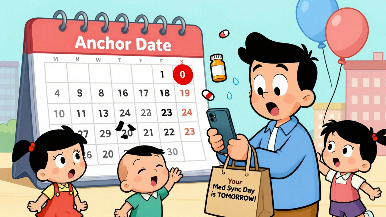 A busy parent receives a sync day reminder on their phone while kids and groceries surround them.