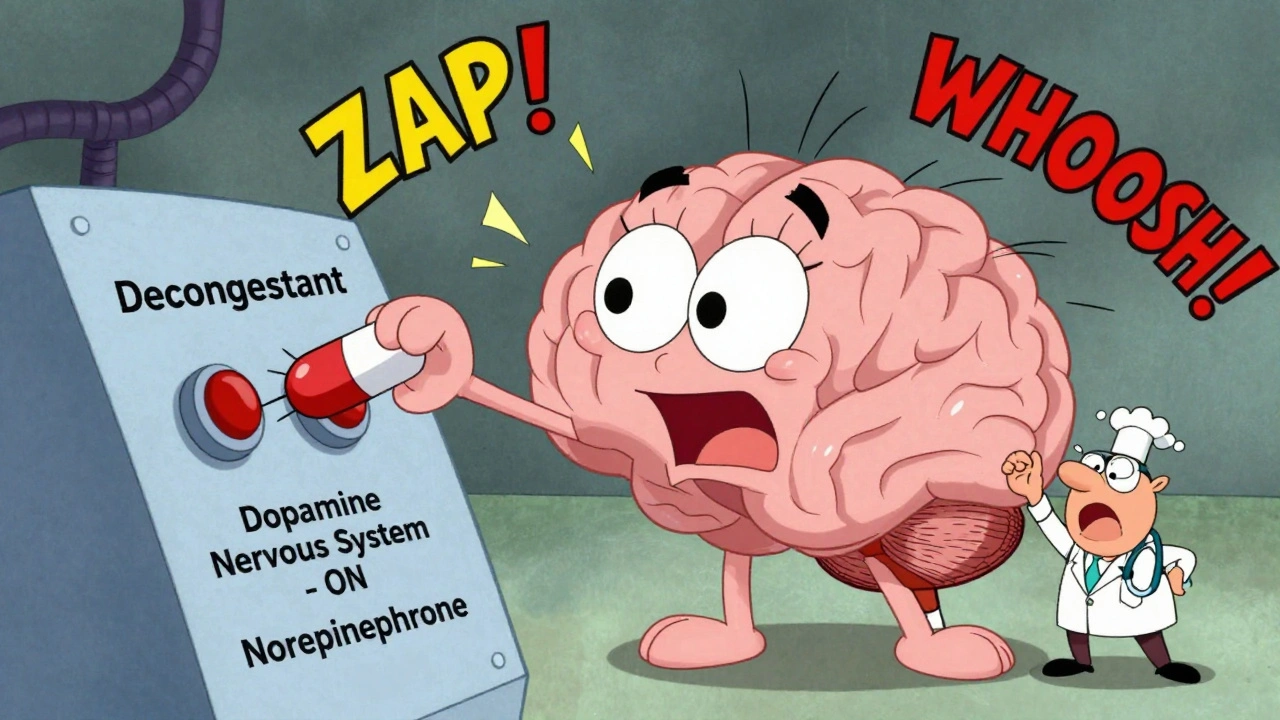 A cartoon brain with a control panel being disrupted by a decongestant pill, causing nervous system chaos.