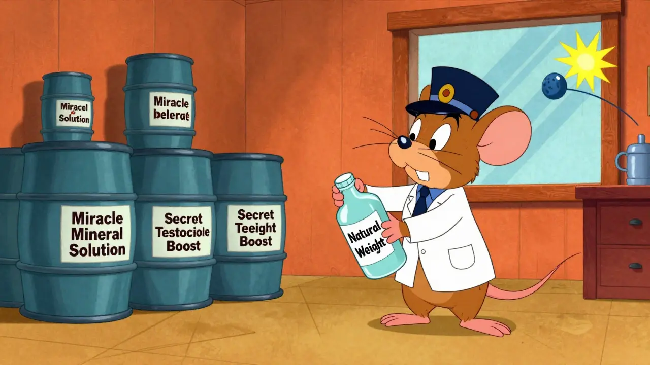 A cartoon rat secretly filling supplement bottles with bleach in a shady warehouse.