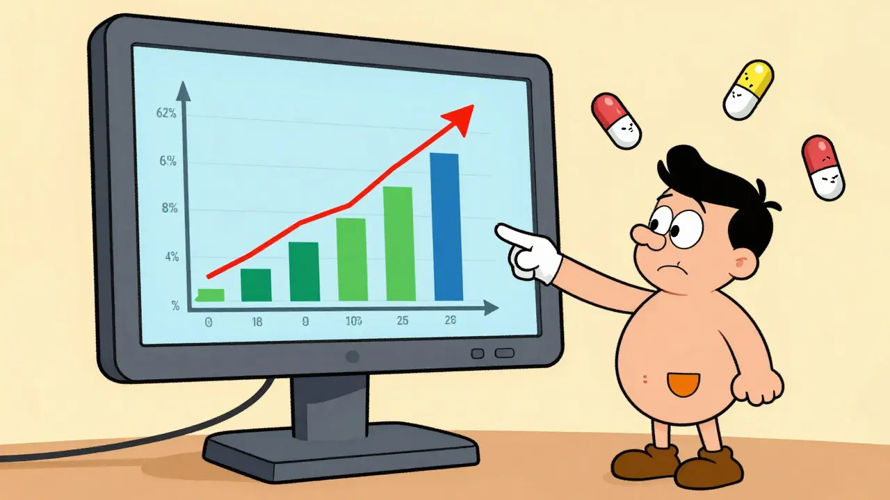 A doctor points at a dashboard showing adherence rates rising, with cartoon pills smiling in the background.