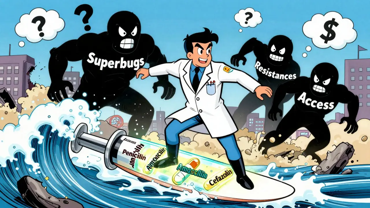 A doctor surfs a wave of antibiotics while monstrous superbugs chase them in a cartoon apocalypse.