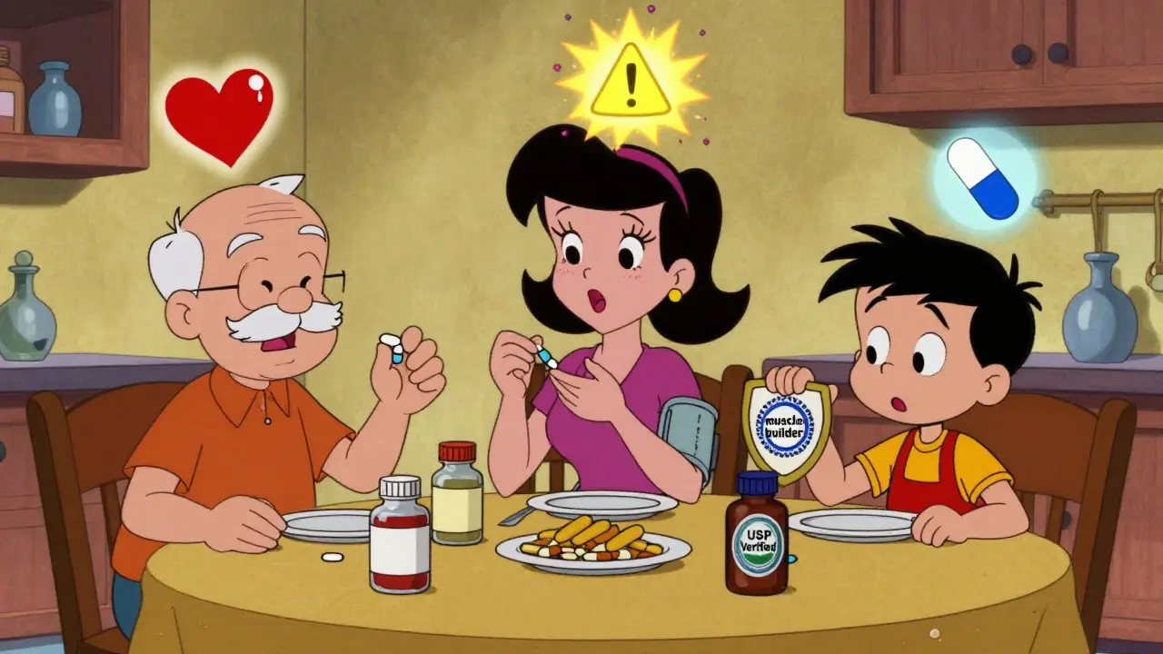A family taking supplements at dinner, each with glowing health warning symbols above their heads.
