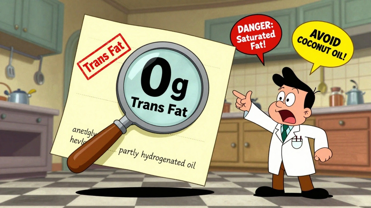 A giant food label reveals hidden trans fats while a character reacts in shock.