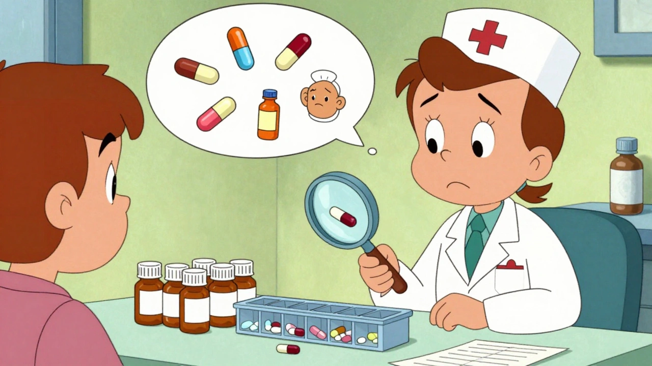 A nurse comparing pill organizer and original bottles on a desk, with a magnifying glass and thought bubbles.