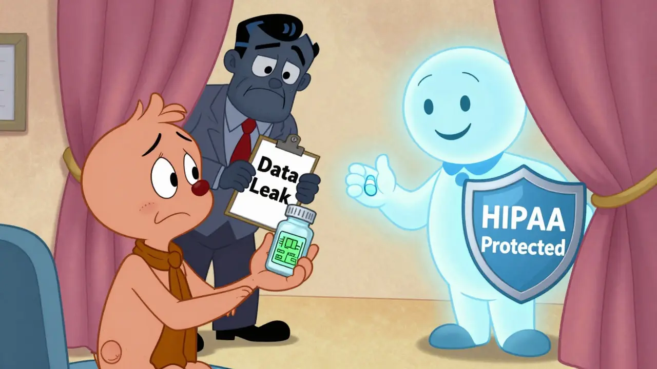 A patient holds a digital pill as a shadowy insurance agent watches, while a friendly AI offers privacy protection.