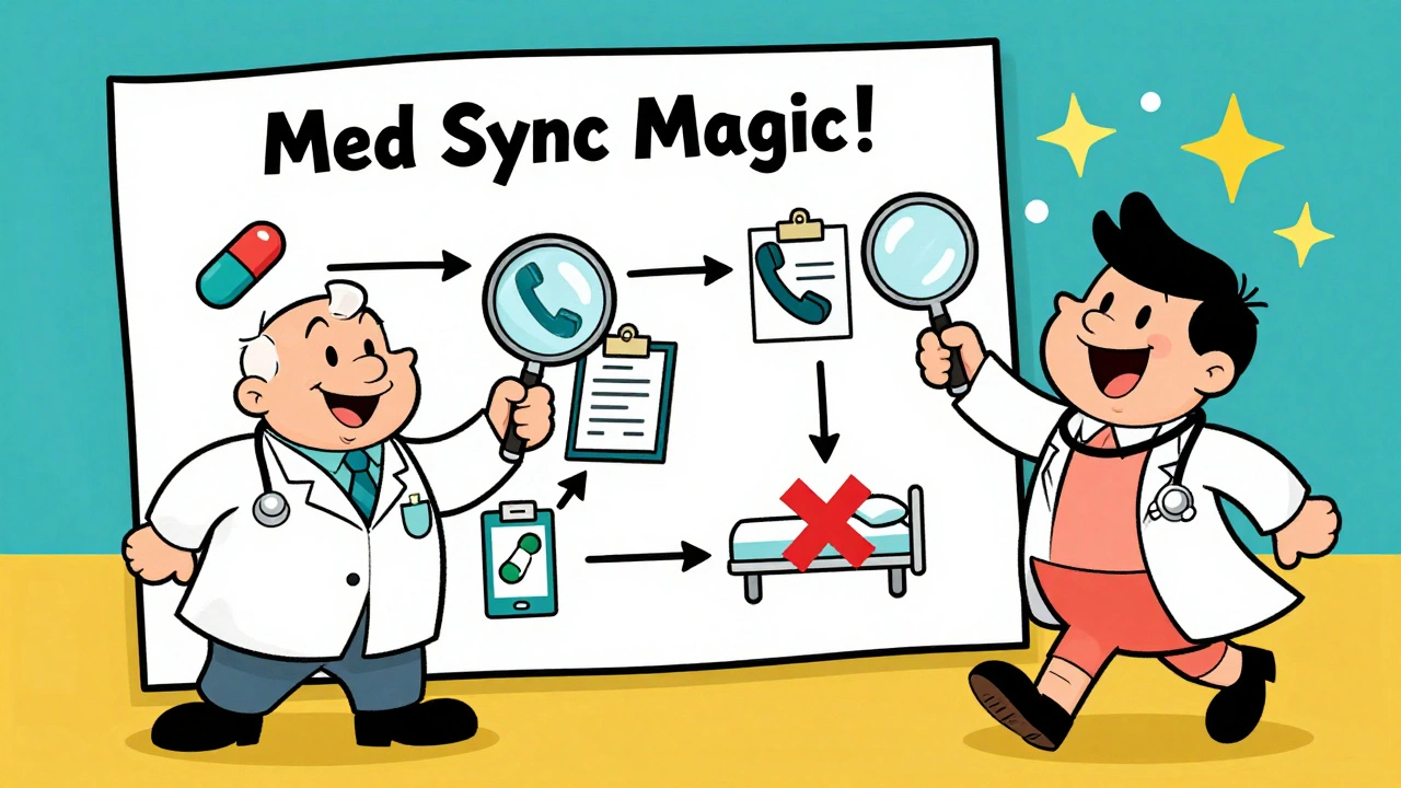 A pharmacist explains medication synchronization with a colorful flowchart showing reduced hospital visits.
