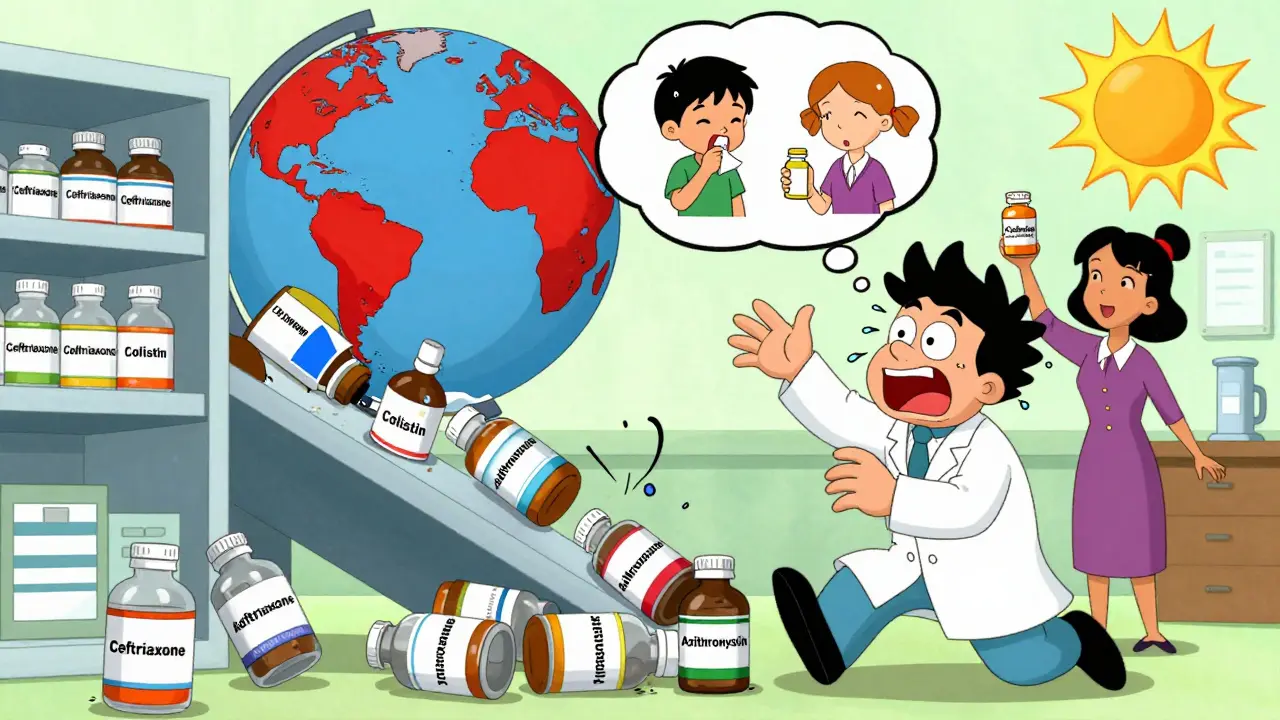 A pharmacist faces a collapsing shelf of empty antibiotic bottles, with a global map showing shortage zones.