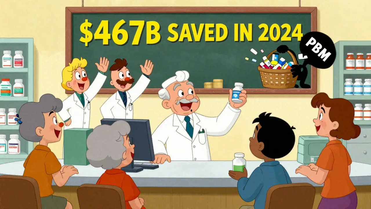 A pharmacist gives generic meds to diverse patients while a scoreboard shows billions saved.