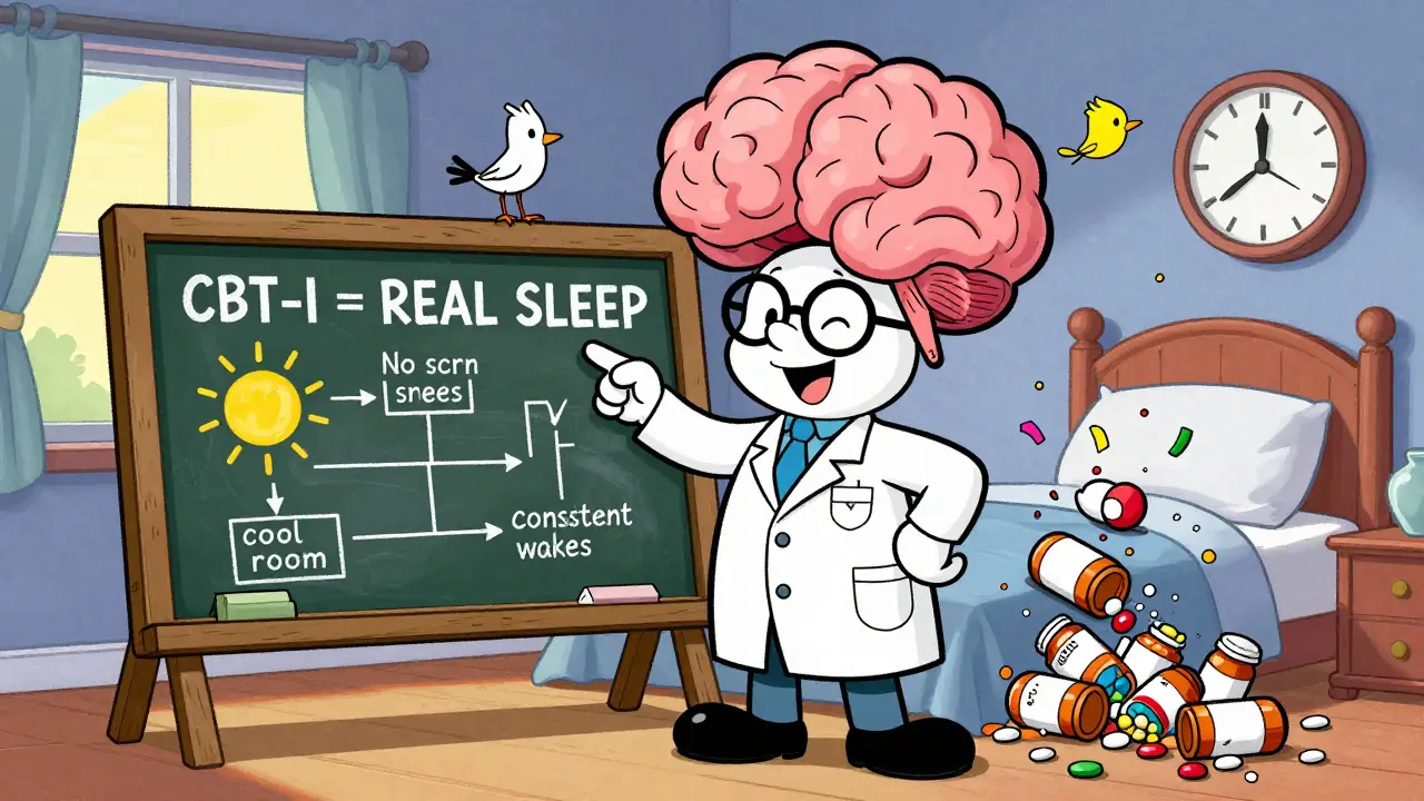 A sleep expert points to a chart of healthy habits while exploded pill bottles rain down in a cartoon bedroom.