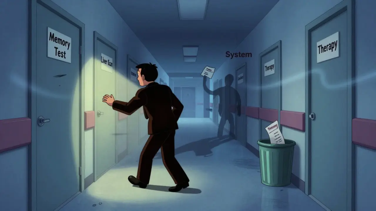 A survivor walks past slamming doors labeled with medical tests, ignored by a shadowy system.