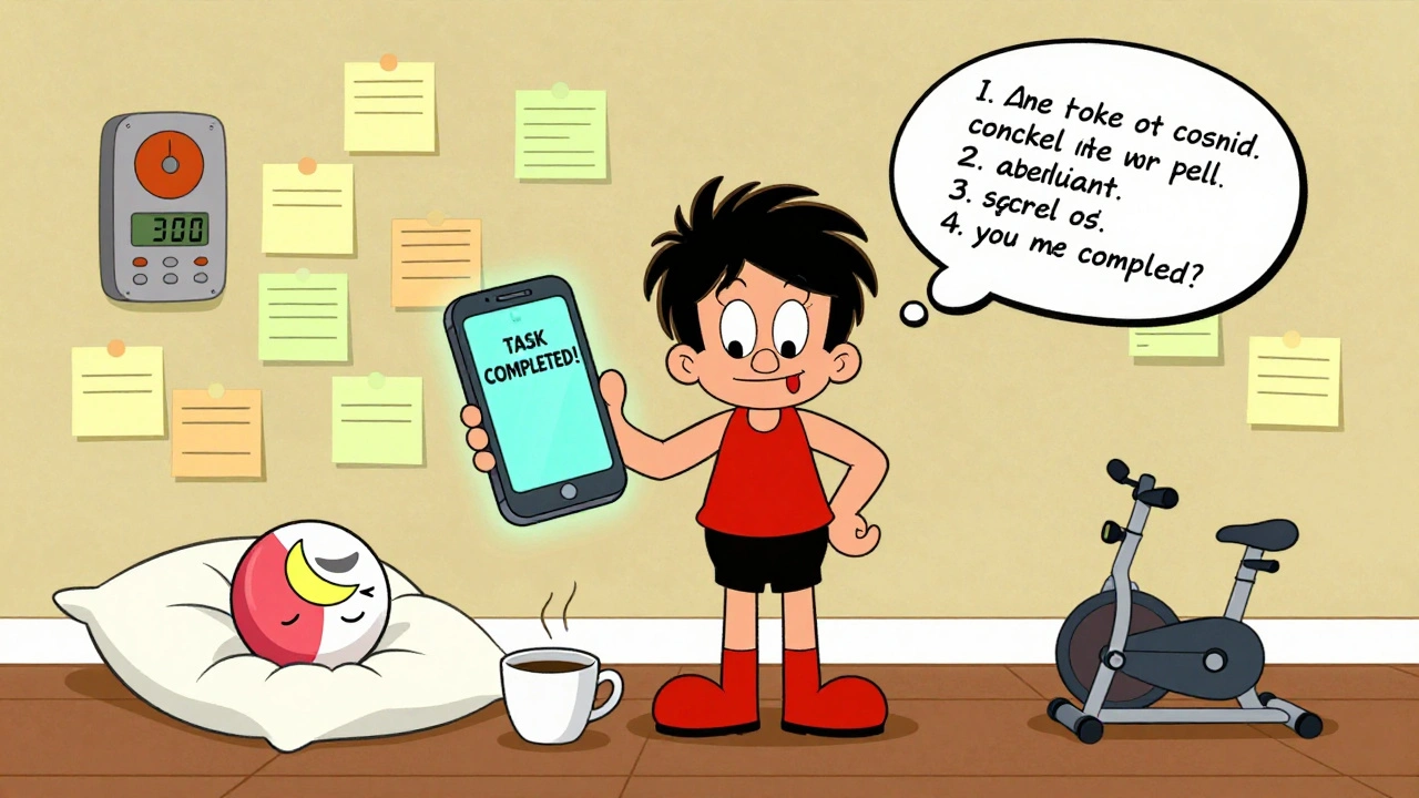 Adult with chaotic to-do list surrounded by sticky notes, alarms, and a sleepy pill, exercise bike in corner.