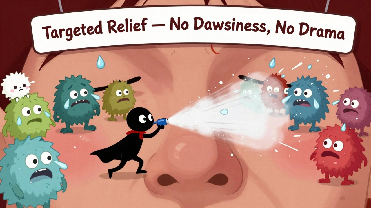 Animated nasal passage fighting allergy monsters with spray mist as hero.