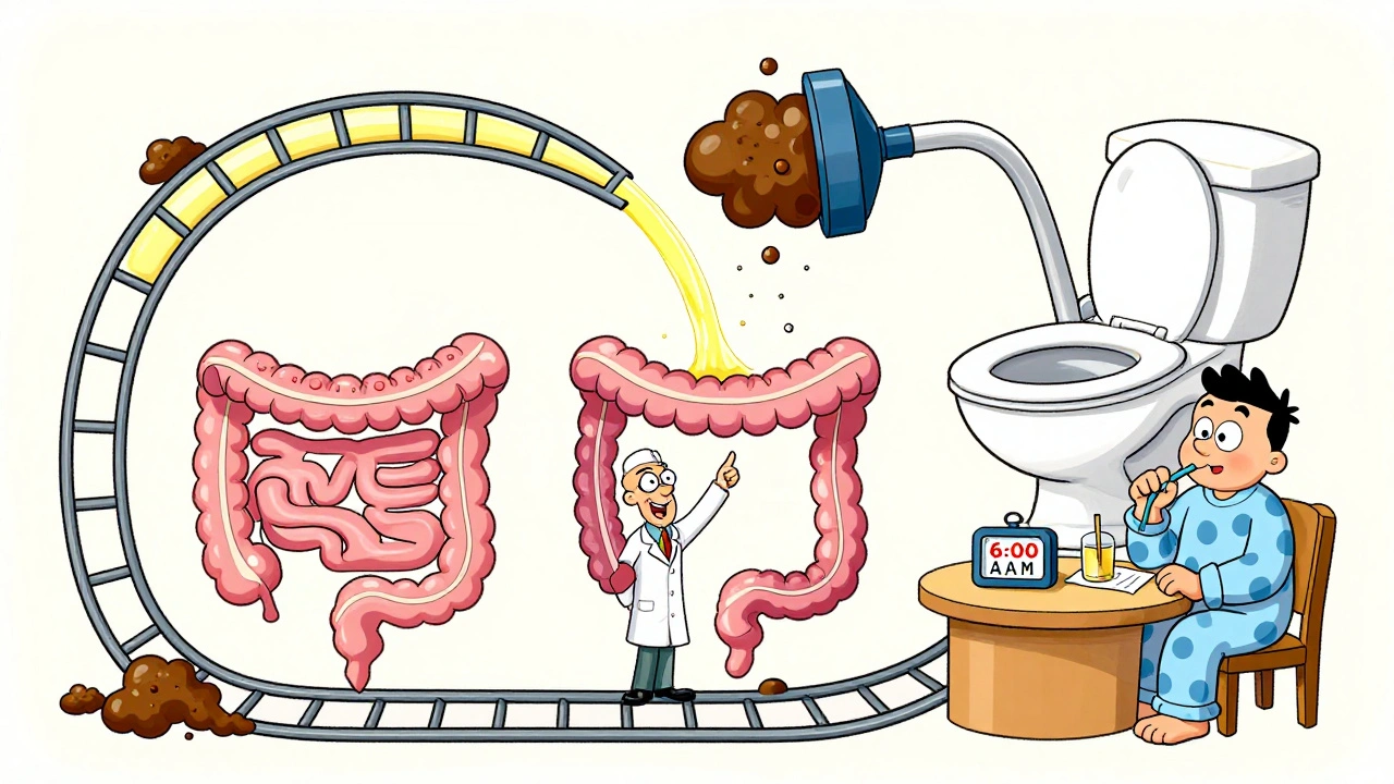 Cartoon colon with clear fluid flowing as brown waste is flushed away during prep.
