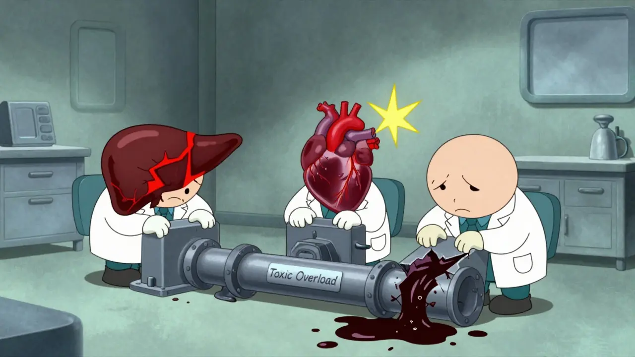 Cartoon organs as tired workers with damaged machinery, showing internal harm from overdose.