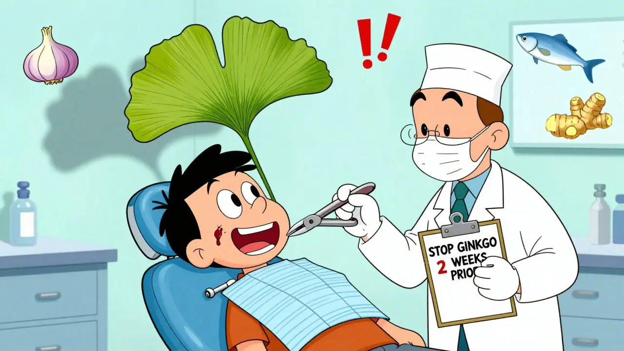 Dentist preparing for extraction as a giant Ginkgo leaf casts a bleeding shadow over patient.