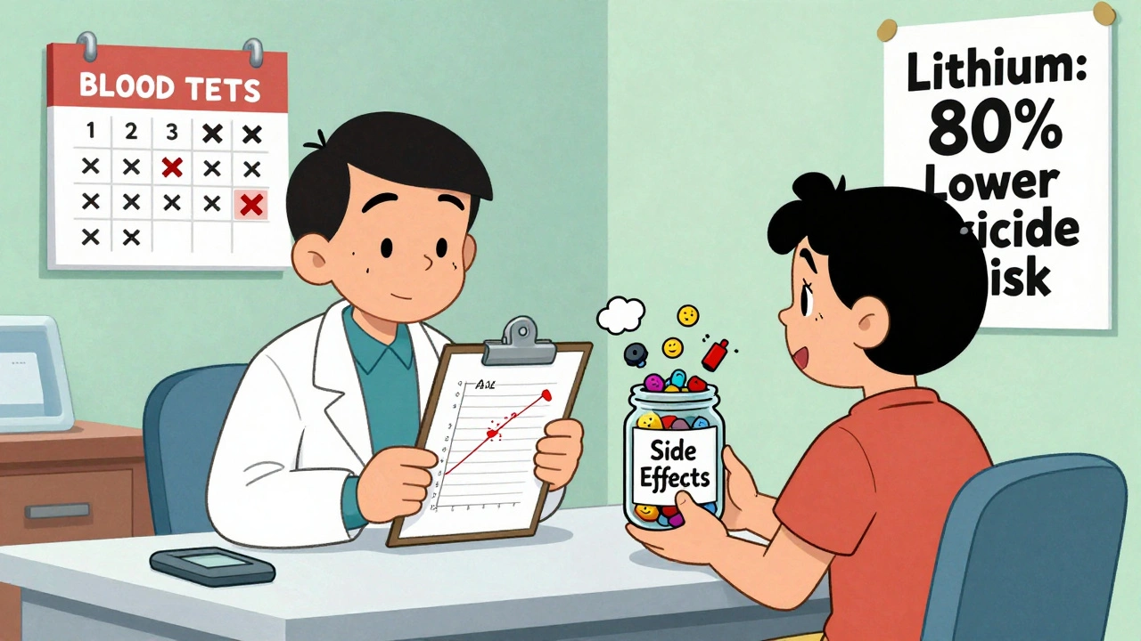 Doctor and patient reviewing medication charts with side effect icons floating around them in a clinic setting.