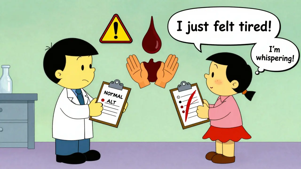 Doctor and pharmacist debating blood test results while patient feels tired, liver whispers.