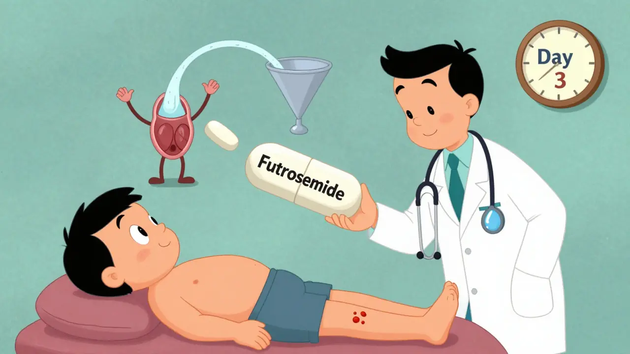 Doctor giving two combined diuretic pills, cartoon nephron squeezing fluid, swelling shrinking on legs.