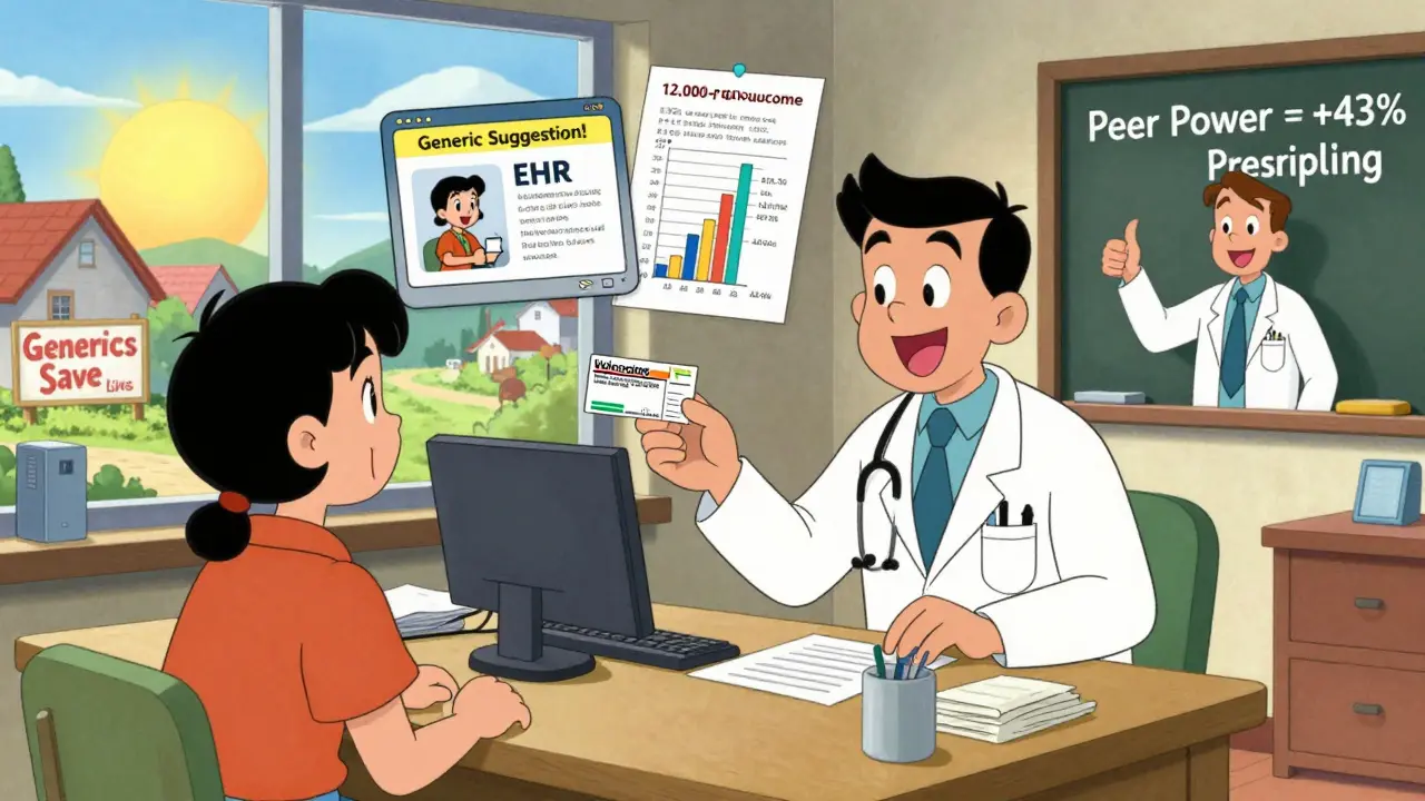 Doctor handing a generic prescription in a rural clinic, with floating educational tools and peer educator giving thumbs-up.
