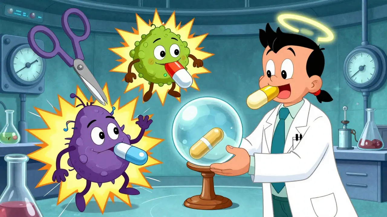 Doctor holding a stool sample as cartoon bacteria chew on three different drugs with expressive faces.