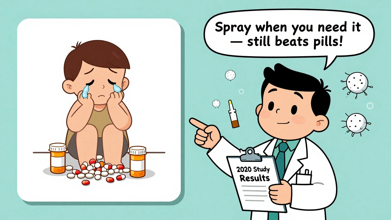 Doctor pointing at charts comparing nasal spray and pill effectiveness.