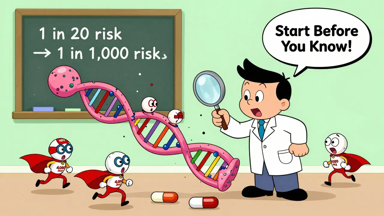 Doctor repairing a broken neural tube with folic acid superheroes while anticonvulsant pills retreat.