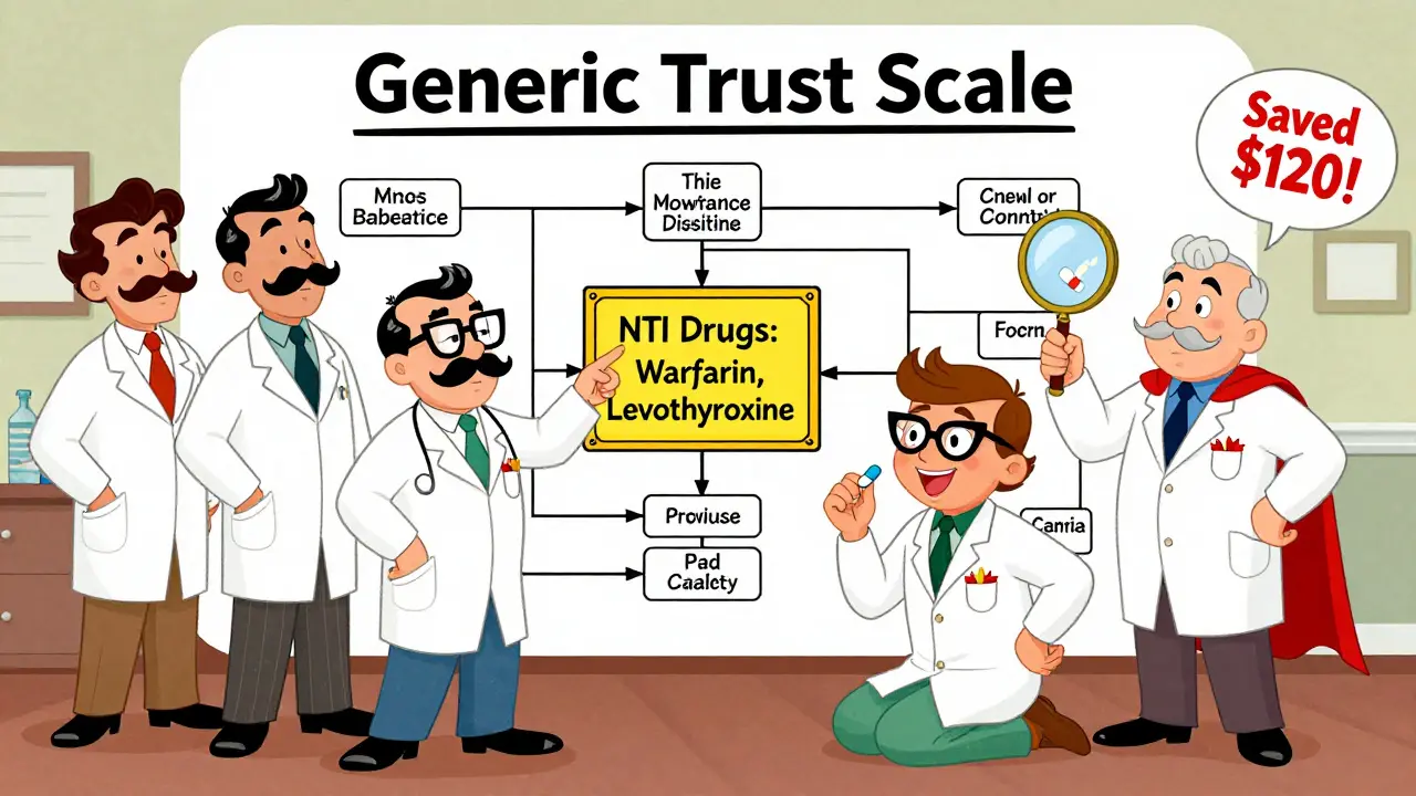 Doctors gathered around a trust scale chart, with a pharmacist in a cape revealing a happy patient and savings balloon.