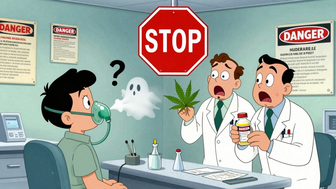 Emergency room scene with patient under oxygen mask, doctors shocked, giant STOP sign floating.