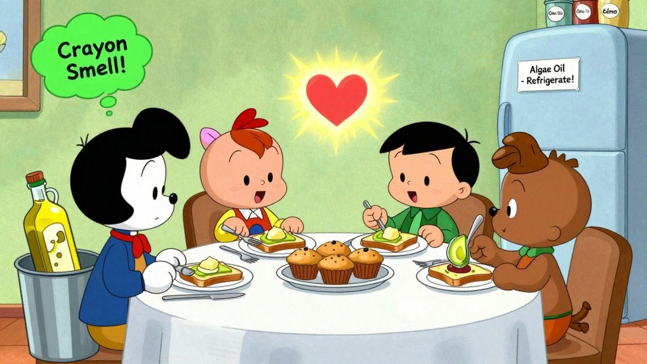 Family swaps butter for heart-healthy oils at dinner, with a glowing heart above their meal.