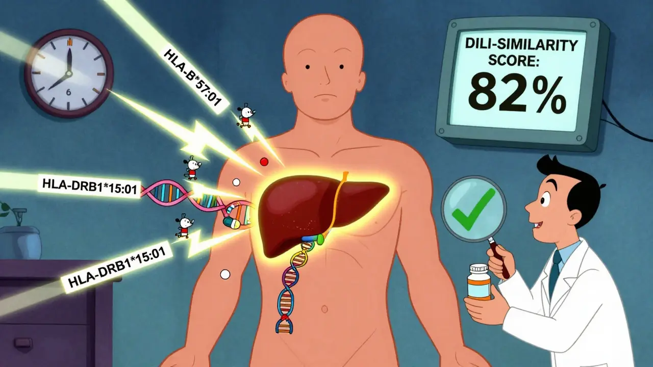 Glowing liver with DNA sparks and DILI score monitor, pharmacist stops risky supplement.