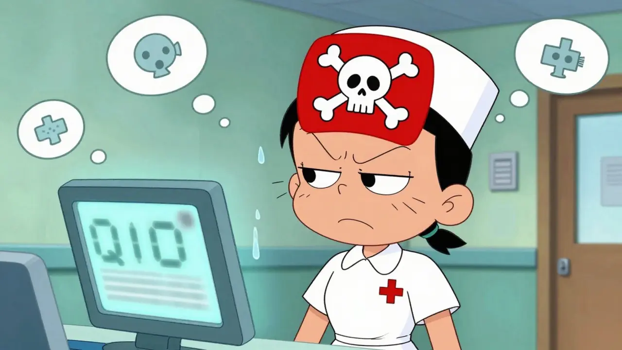 Nurse squinting at a blurry prescription screen where QD looks like QID, with warning symbols.